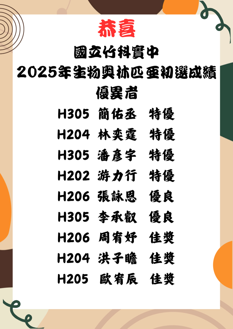 2025年生物奧林匹亞競賽初選表現優異者