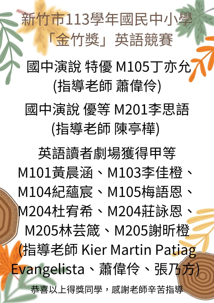 新竹市113學年國民中小學「金竹獎」英語競賽獲獎名單，恭喜獲獎同學，感謝老師辛勤指導！！
