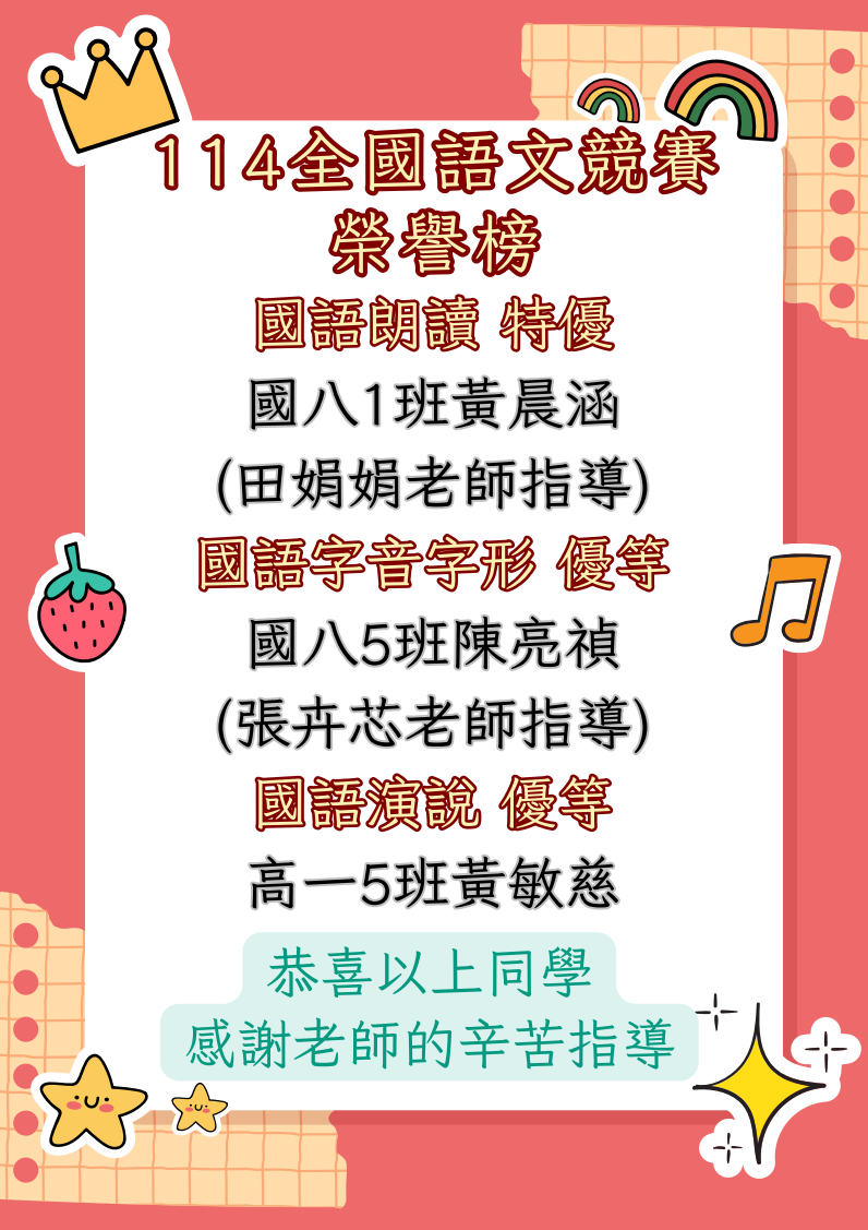 本校114年度全國語文競賽勇奪佳績