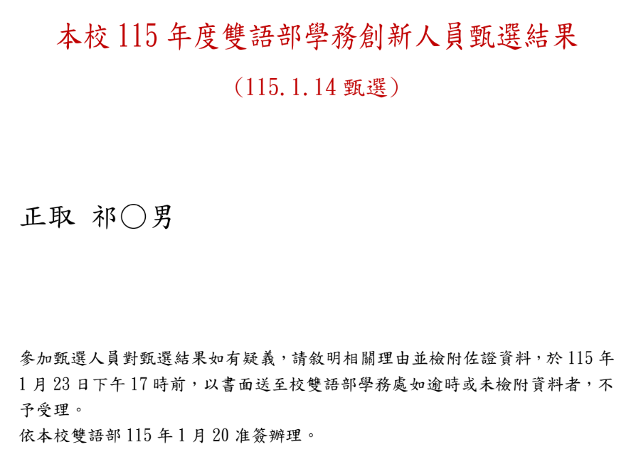 本校115年學務創新人力甄選結果