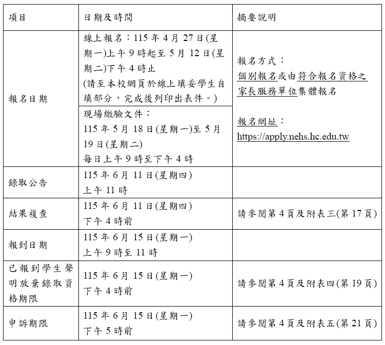 本校獨招重要日程表