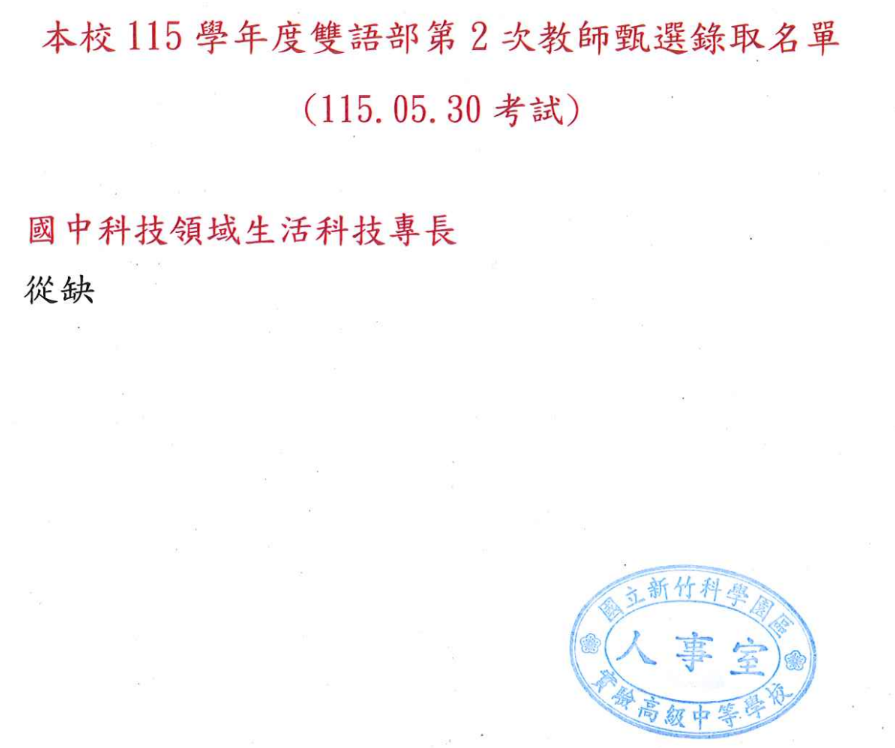 本校雙語部115學年度第2次教師甄選錄取名單